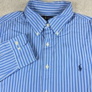 Ralph Lauren Shirt Mens 17.5 34/35 Blue White Striped Slim Fit Button Down Pony